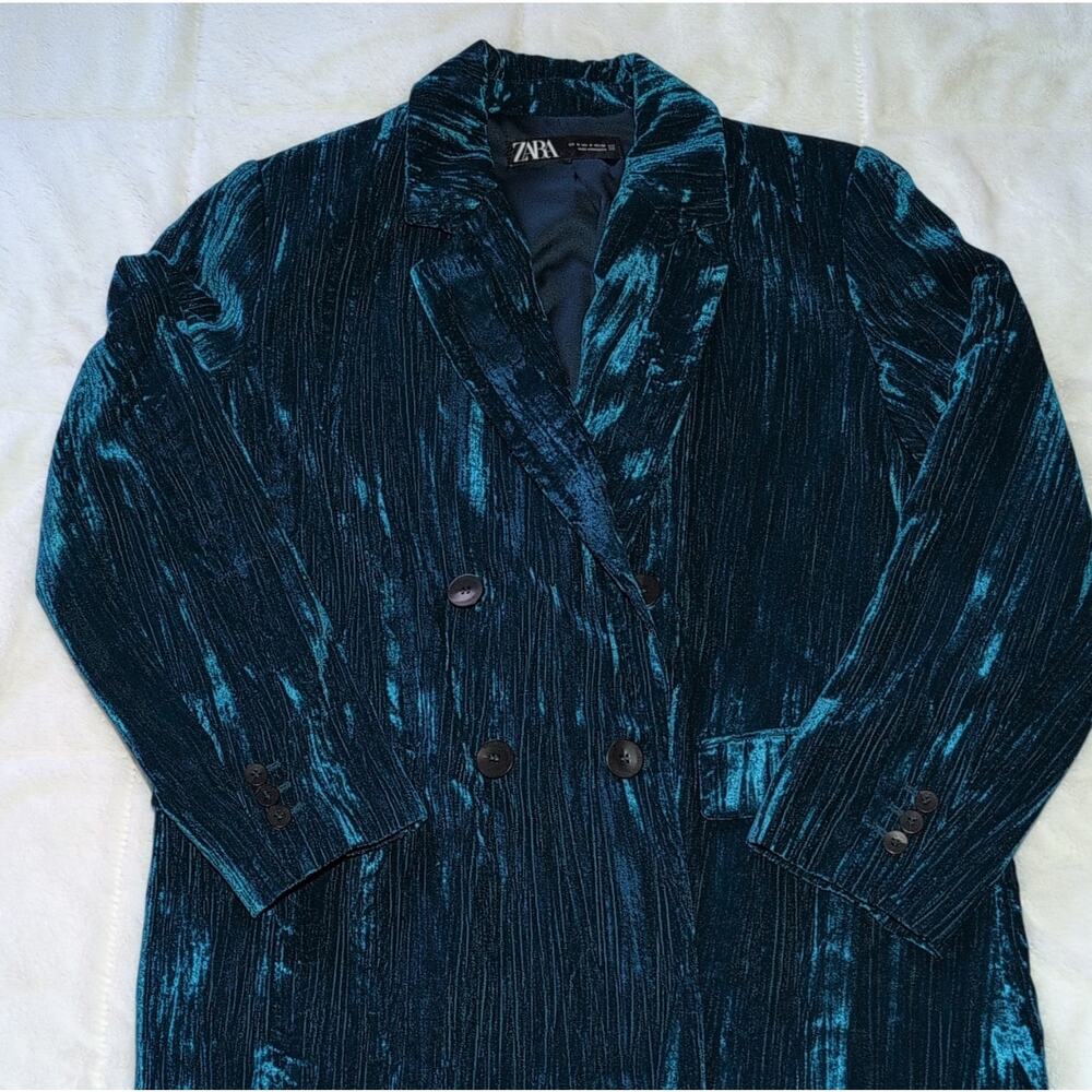 Zara Teal Velvet Long Jacket Women's Medium Button Pockets Collared Lined
